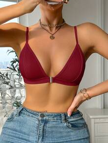 女士条纹性感前扣无钢圈舒适胸罩 - 酒紅色 - 查看 3