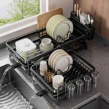 Extendable Dish Drying Rack RustResistant Dish Rack With Pan Slots And Cutlery Holder Utensil Holder Spatula And Cutting Board Holder For Kitchen Counter And Sink Black