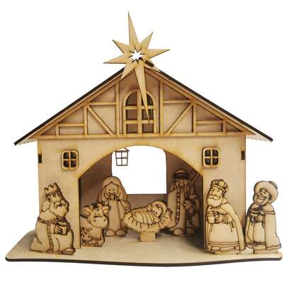 Nacimiento o pesebre navideño con figuras fabricado en MDF de 3 mm de fácil armado, ideal para decorar hogares, oficinas, escuelas, iglesias, negocios y mesas durante la temporada de Navidad; set completo de nacimiento con figuras clásicas de la escena navideña, cortadas con láser de alta precisión, con bordes lisos y diseño detallado, listas para ensamblar y colocar; pesebre armable en MDF resistente y ligero, práctico de montar y desmontar, perfecto para almacenamiento y reutilización en cada temporada; decoración navideña tradicional que puede personalizarse con pintura acrílica, vinil adhesivo, diamantina, barniz o técnicas de manualidades DIY para darle un toque único; nacimiento pequeño o mediano según elección, ideal para espacios reducidos como escritorios, mesas auxiliares o altares, aportando un ambiente cálido y festivo; accesorio navideño que mantiene viva la tradición del pesebre, ideal para familias.