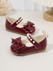 1 双女童公主鞋，亮面皮革鞋面，圆头蝴蝶结装饰，甜美可爱，适合公主裙、生日派对、表演、婚礼、室内外穿着 - 酒紅色 - 查看 3