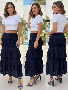 Falda acampanada con volantes de talla grande para mujer en azul profundo, cintura alta con dobladillo en capas y pretina forrada para otoño e invierno, falda midi elegante para el Día de San Valentín y Pascua, de la oficina al té de la tarde