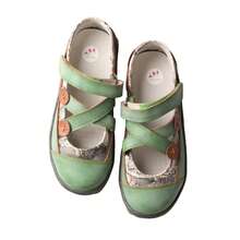 1 Pair TMA EYES Women's Green Vintage Newspaper-Print Mary Janes - Crisscross Strap With Button Accent, Adjustable Flat Shoes For Retro Chic Style - 綠色 - 查看 6