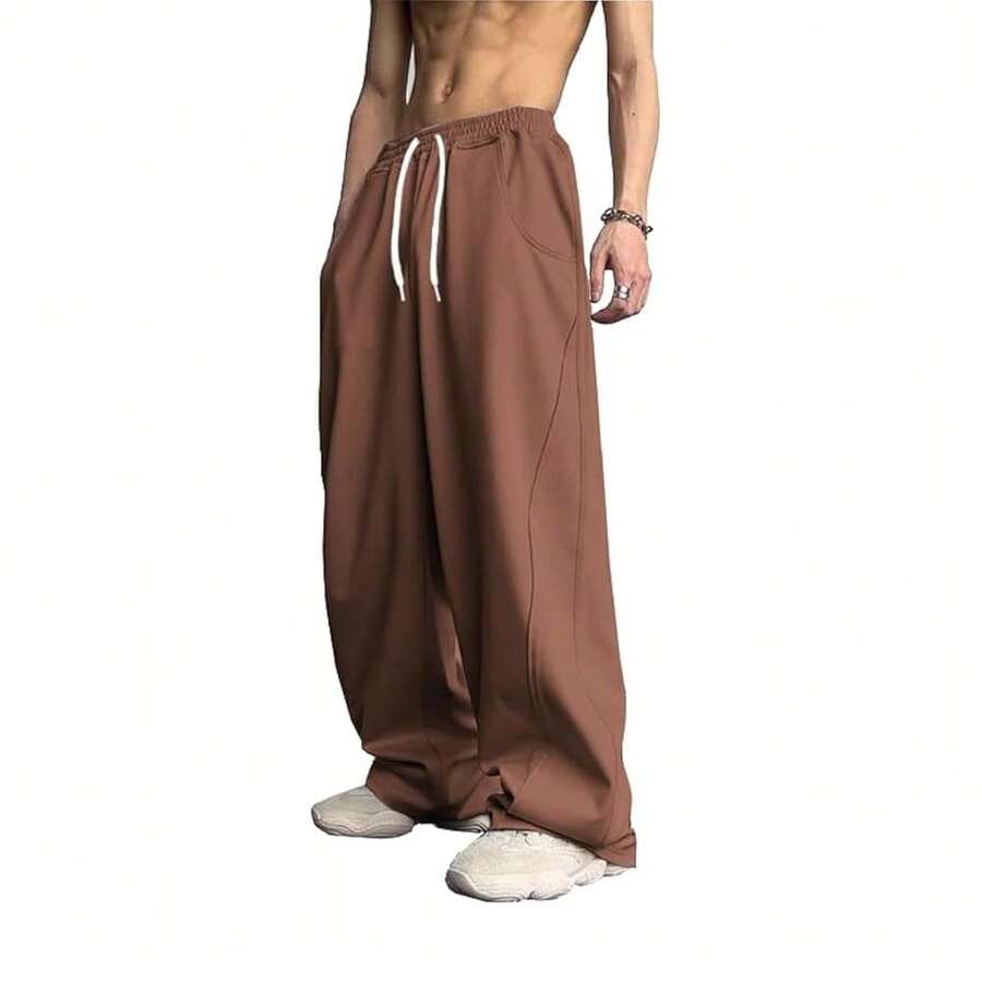 WZIKAI Men's Baggy Sweatpants Elastic Waist Drawstring Wide Leg Sweatpants Casual Loose Baggy Joggers With Pockets{"Size_name":"X-Large","Color_name":"Brown"} - 棕色 - 查看 1