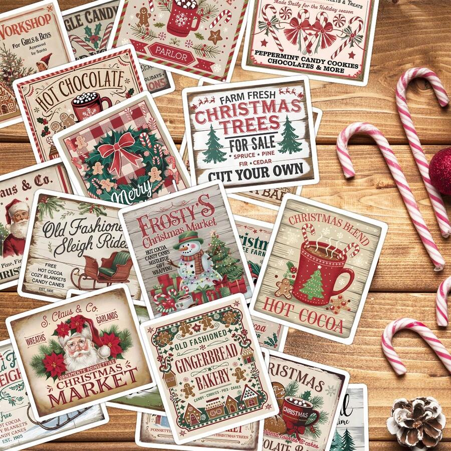20pcs Vintage Christmas Stickers, Festive Designs With Snowman, Santa & Xmas Tree, Funny Stickers For Candy Bag, Coffee Cups & Party Favor Decor, Holiday Gifts, Christmas Labels Stickers