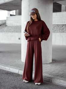 2pcs Women Solid Color Round Neck Long Sleeve T-Shirt And High Waist Wide Leg Pants Set, Suitable For Autumn/Winter Everyday Wear
