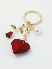 Street 1pc Creative & Fashionable Rose Faux Pearl Heart Shaped Keychain With Minimalist Resin Heart Keychain Pendant For Valentine'S Day Gift, Boyfriend Gift, Friend'S Birthday Gift Car Accessories Bag Charm School Faux Pearl Bag Accessories Lanyards With Id Holder Car Accessories Bag Charms - 紅色 - 查看 1