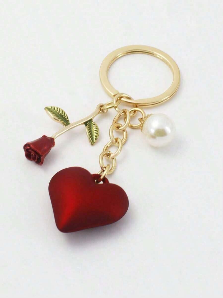 Street 1pc Creative & Fashionable Rose Faux Pearl Heart Shaped Keychain With Minimalist Resin Heart Keychain Pendant For Valentine'S Day Gift, Boyfriend Gift, Friend'S Birthday Gift Car Accessories Bag Charm School Faux Pearl Bag Accessories Lanyards With Id Holder Car Accessories Bag Charms - 紅色 - 查看 1