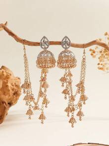 1 Set Fashionable Jewelry Set, Detachable Rhinestone Teardrop Earrings With Small Bell & Faux Pearl Tassel Earrings, Hair Accessories & Earrings Combo Set, Convertible To 4pcs Long Chain Jewelry, Suitable For Women's Daily, Festival, Wedding And Party Wear/Bridal Jewelry/Jewelry Gift - Fashion - View 2