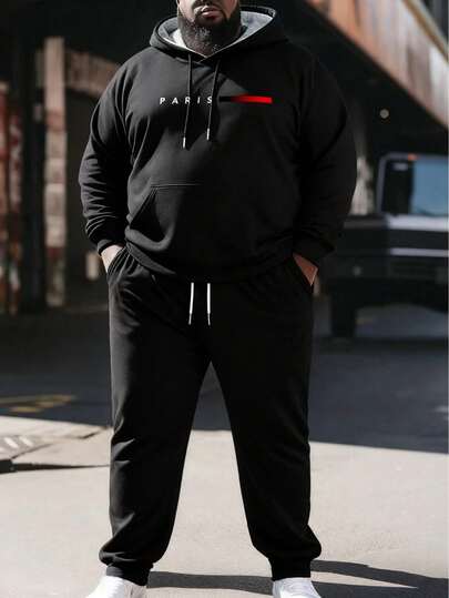 2pcs/Set Plus Size Men Hoodie And Drawstring Waist Pants, Personalized Letter 3D Print Pattern, Suitable For Campus Life, Hangout With Friends, Casual Moments, Soft Material, Warm And Comfortable, Fits From 1XL To 6XL, Fall Clothes, Cozy Outfits