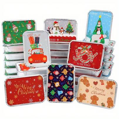 24/48 pezzi Grandi ciotole rettangolari monouso in alluminio con tema natalizio - Contenitori alimentari con coperchi di carta facili da staccare, teglie da forno in alluminio per grigliare, cuocere e catering - 8 stili, ideali per feste e eventi di vacanza