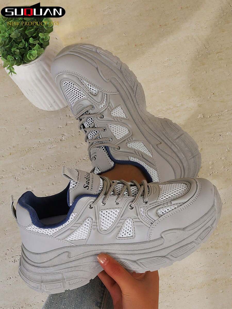 Women's Gray Mesh Sneakers, 2025 New Fashion Lightweight Thick-Sole Multifunctional Comfortable Casual Sports Shoes, Lace-Up Leisure Sports Shoes For Women In Spring And Autumn, Fashionable And Versatile Comfortable White Shoes, Solid Color Flat Outdoor Skateboard Shoes Running Shoes