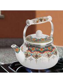Ceramic Enamel Tea Kettle, 2.6 Quart Large Floral Colorful Teapot With Handle Stovetop, Retro Hot Tea Kettle Pot, No Whistling - Enamel White - View 5