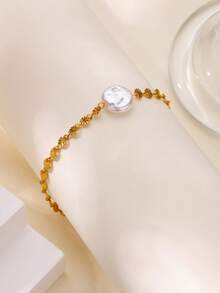 1 PC Fashion Faux Pearl Round Pendant Bracelet For Women Stainless Steel Gold Color Chain Bracelet 2025 New Party Wedding Couple Jewelry Gift
