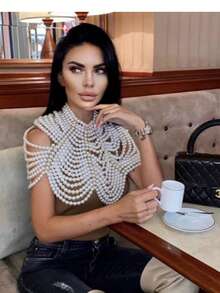 Exaggerated Sexy Multi-Layer Pearl Necklace Body Chain, Elegant Accessory For Wedding, Party Dress - White - View 8
