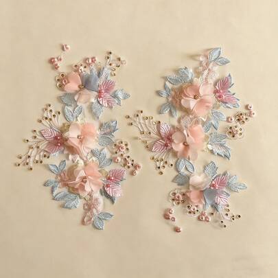1 件 3D 花卉蕾丝刺绣贴花贴布，涤纶，带珠子和水钻，粉色和白色花朵图案，适用于工艺品、婚礼新娘装饰、家居装饰、美术用品、针织、刺绣贴花
