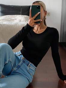 Livesso Women's Black Round Neck Long Sleeve Fitted Elegant Charming Gentle Sweet T-Shirt - Black - View 3