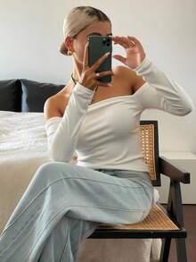 Livesso Women's Casual Off The Shoulder Thick Thermal Lined T-Shirt For Autumn And Winter Long Sleeve Women Tops,Fleece Lined - White - View 5