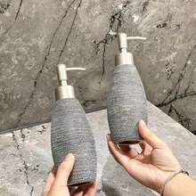 Modern Brushed Ceramic Soap Dispenser - Freestanding Bathroom And Kitchen Decor, Gray Textured Stripe Design, Push Pump Soap Dispenser, Phthalate-Free, Suitable For Hotel, Bathroom, Kitchen Countertop Decor, Bathroom Accessories.