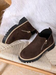 秋冬女士踝靴，女鞋冬靴，女士平底鞋，新款踝靴，带拉链女鞋 - 摩卡棕 - 查看 9