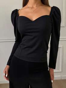 Livesso Solid Sweetheart Neck Puff Sleeve Blouse,Fall Clothes Long Sleeve Women Tops - Black - View 3