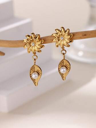 1 Pair Faux Pearl Flower Leaf Earrings For Women Stainless Steel Gold Color Piercing 2025 New Party Wedding Couple Jewelry Gift