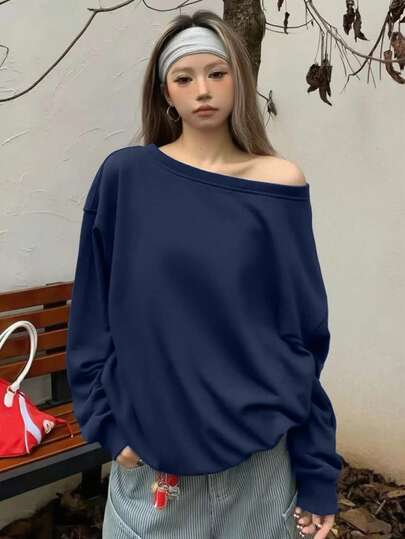Women's Navy Y2K Minimalist Sexy Off-Shoulder Cute Sweet Loose Long Sleeve Sweatshirt, Casual For Student, Street, Daily, Gathering