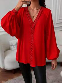 Autumn Back To School Solid Color Popular Long Sleeve Ruffle Blouse - Red - View 2