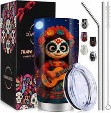 Vaso Térmico de 20 oz para Día de Muertos y Halloween - Doble Pared Aislante, Diseño de Calaveras y Catrinas - Ideal para Café, Agua- Decoración Festiva para Casa u Oficina (Azul) - AZUL - Ver 13