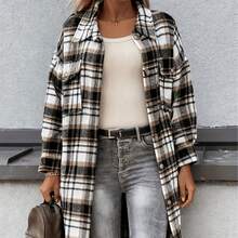 Chaqueta larga con botones en la parte delantera a cuadros para mujer - Negro - Ver 10