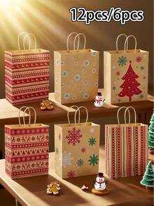 12个/6个带手柄的圣诞礼品袋，六种款式的圣诞牛皮纸袋，圣诞礼品袋，牛皮纸节日包装袋，圣诞驯鹿礼品袋，圣诞树礼品袋，雪花礼品袋，带有圣诞图案，新年礼品袋，适用于节日派对小礼物和圣诞礼盒包装，派对礼品袋 - 彩色 - 查看 1