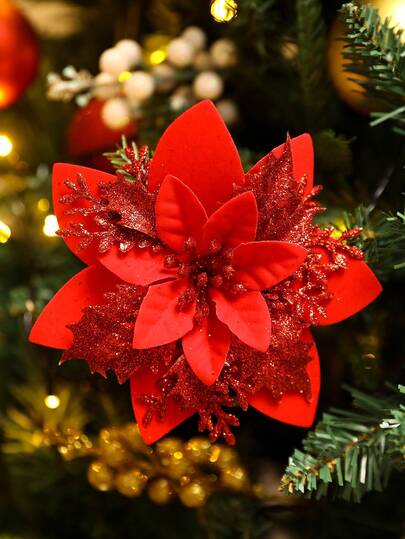 10/20/1pc Glitter Double Layer Red Artificial Christmas Flowers With Clips, Christmas New Year Wedding Party Decoration, DIY Wreath Stair Window Fireplace Ornament, Christmas Tree Decor Flower, Holiday Home Wedding Decoration, Holiday Party Supplies