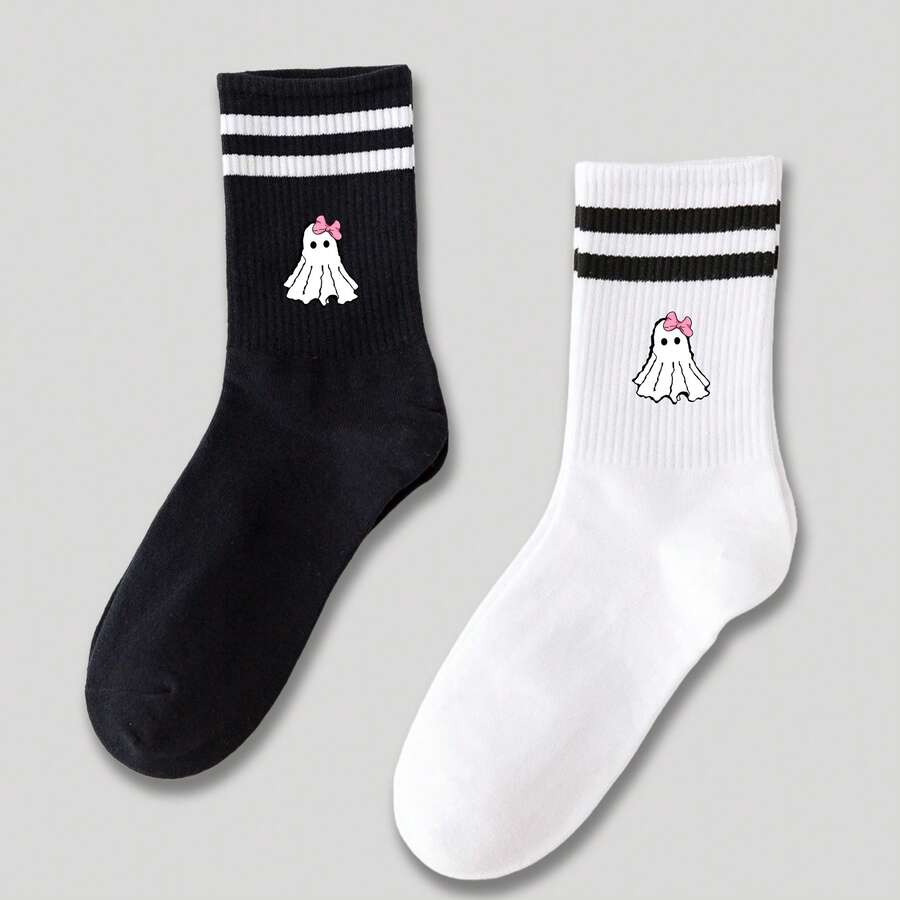 1 Par de Meias Médias Femininas Fofas com Laço e Estampa de Fantasma, Meias Brancas de Camada Dupla, Meias Longas Folgadas, Meias Listradas Pretas e Brancas, Meias Casuais Macias, Confortáveis e Respiráveis, Adequadas para Uso Diário, Festa de Halloween, Baile, Casa
