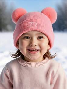 1 pieza Gorra de béisbol de punto con bordado de doble corazón para niños, un sombrero de invierno cálido para niños, adecuado para que las niñas lo usen a diario y como regalo, también adecuado para que los bebés lo usen