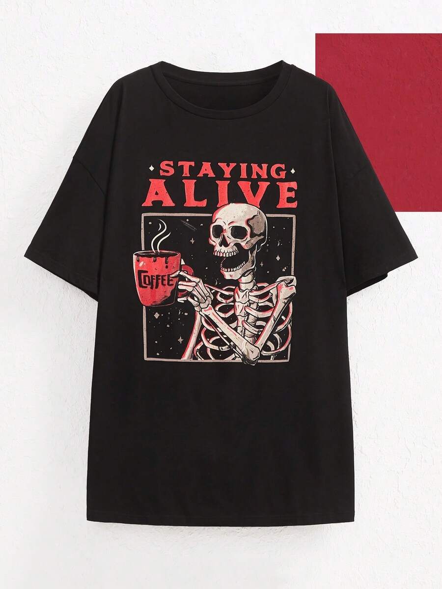 Halloween T-Shirt - Skeleton &Amp; Slogan Graphic Drop Shoulder Tee STAYING ALIVE, For Summer, Cotton, Holiday, Vacation, Festival, Ibiza Fits - 黑色 - 查看 1