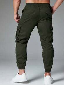 Men's Casual Outdoor Cargo Pants, Fashionable Drawstring Waist Workwear Trousers Spring Sports - Army Green - View 2