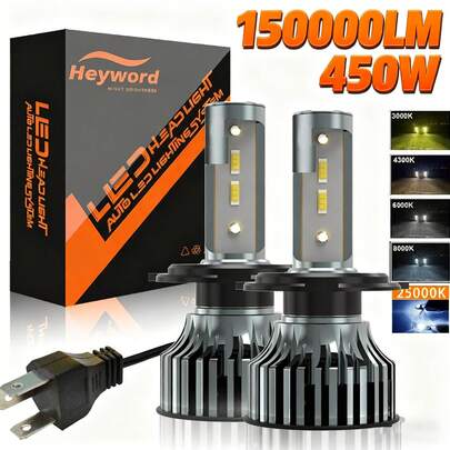 Heyword Heyword 2 peças LED Farol de carro 9005 9006 H13 H11 H7 H4 H1 Faróis de carro Farol alto e baixo, 450W 150000LM 800% mais brilhante Cinco opções de cores 6500K/3000K/4300K/8000K/25000K Ventilador rápido e silencioso Brilhante Cob 1860 Chip Plug-N-Play