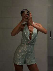 Basrey 女士性感优雅纯色深 V 领露背派对装，搭配吊带短裤和连体裤，适合夜总会、派对和辣妹 - 豆綠色 - 查看 4