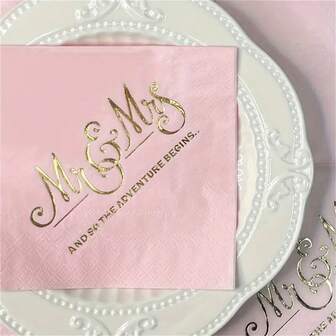 100 件，双层婚礼餐巾，一次性客人手巾金色箔先生和夫人纸质鸡尾酒餐巾，先生和夫人饮料纸质鸡尾酒餐巾用于接待装饰婚礼新娘送礼会订婚派对，蓝色和金色