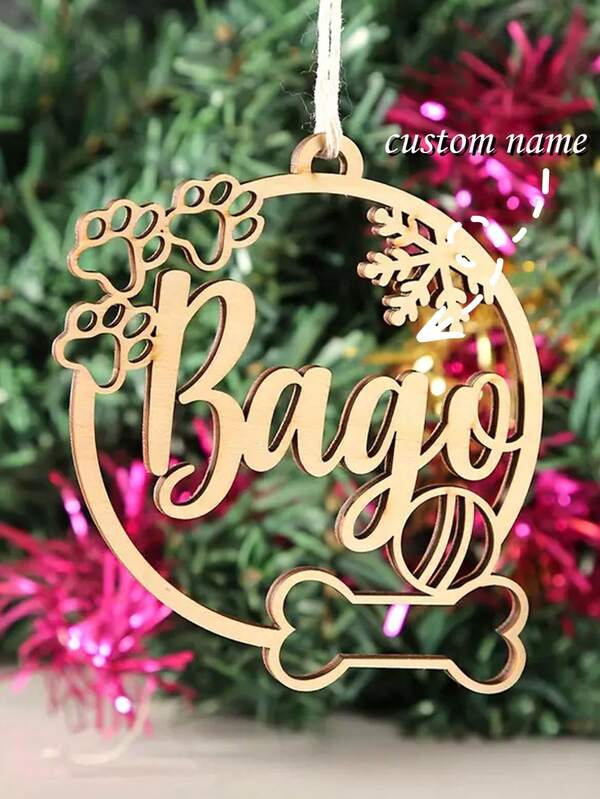 1 Personalized Pet Name Christmas Decoration - Laser-Cut Dog Tag With Paw Print, Custom Hanging Decoration, Suitable For Small Dogs, Artificial Wood Holiday Decoration - Pet Lover Gift, Suitable For Trees, Tree Decoration, Retro Style, Decoration, Dog Owner