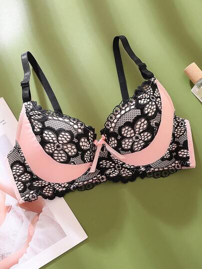 Áo ngực ren Pháp cao cấp, sang trọng, có đệm mút, cổ chữ V sâu, thoải mái, gợi cảm, phối màu tương phản dành cho nữ.