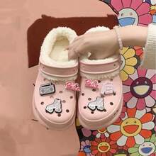 Thermal Lined Hollow Out Slippers For Women, Thick Sole Warm Fuzzy Slide Sandals, Anti-Slip Indoor/Outdoor Nurse Shoes, 2025 New Fashion Plush Clogs - Pink - View 1