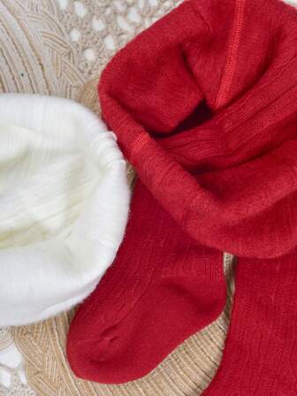 2 Pairs Girls Thermal Tights, White & Red StripedStretchy Soft Thermal Lined Leggings, Warm And Comfortable For Autumn/Winter Daily Wear,Princess Style School, Travel, Holidays,For Holiday Gifts, Travel, Daily Matching.