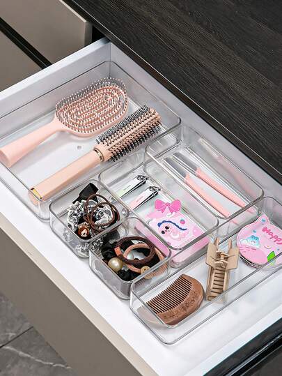 7pcs/6pcs/5pcs/1pc Drawer Divider Storage Boxes, Jewelry Organizer Boxes With Compartments, Transparent Plastic PET Material, Multi-Functional Compartment Boxes For Accessories, Makeup, Combs, Mirrors, Tweezers, Suitable For Drawers, Bedroom, Dorm, Bathroom, Desk