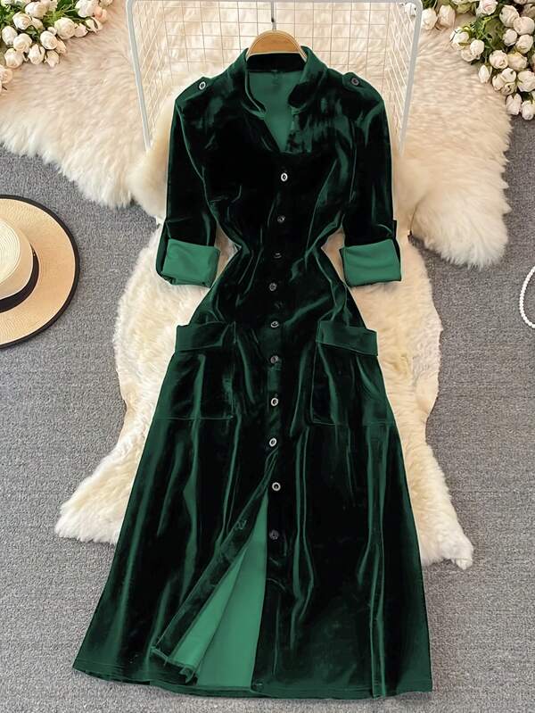 Damen Vintage Taillentasche Einreihiges Samt Cardigan Kleid, Herbst/Winter