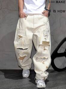 American Fashion Retro Ripped Washed Casual Jeans For Men, Thin, Loose, Straight Leg, Rugged And Handsome Long Pants