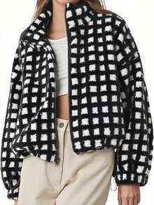 Sherpa Checkered Jacket For Women Plaid Zip Up Fleece Jacket With Pockets Winter Fall Fuzzy Cropped Coats - Black - View 2