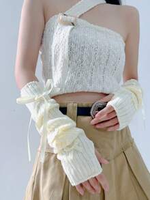 1 Pair Of Cute Bow Tie Women's Gloves Vertical Striped Women's Open Finger Gloves Y2K Warm Arm Cover Millennium Hot Girl Long Sleeve Cover