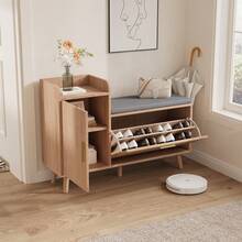 Zapatero, zapatero con espacio de almacenamiento, baúl para zapatos con 1 solapa, banco para zapatos con cojín, zapatero infantil con banco, para zapatos de entrada, salón o dormitorio - Color de la madera - Ver 2