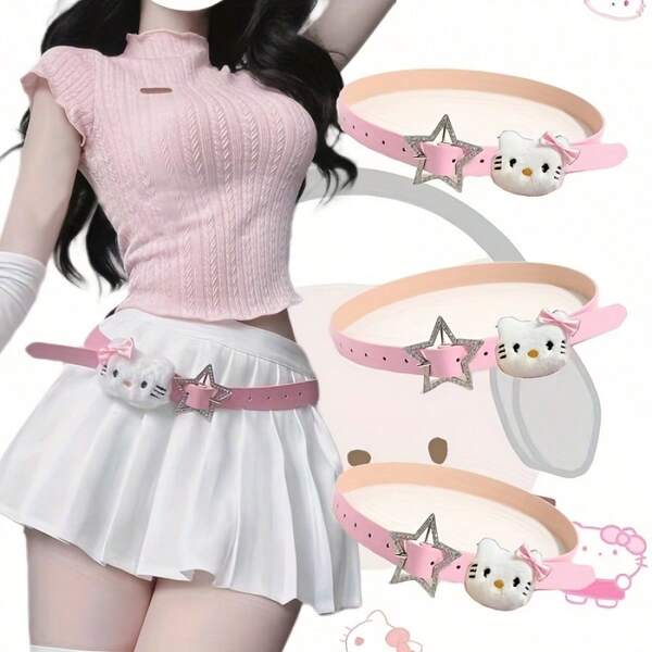 Sanrio Ceinture taille hello kitty - Mignon en matériau PU rose clair, personnage Sanrio, cadeau d'anniversaire/Saint-Valentin, accessoire pour tenue décontractée et habillée