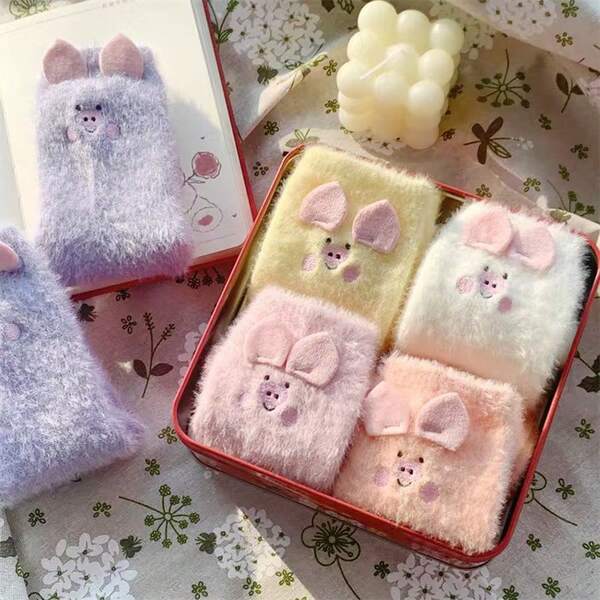 5 pares de meias femininas quentes e grossas com forro térmico de porco e vison, meias respiráveis para o inverno